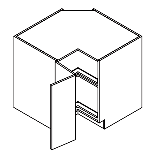 Isometric drawing of a cabinet with an open door.